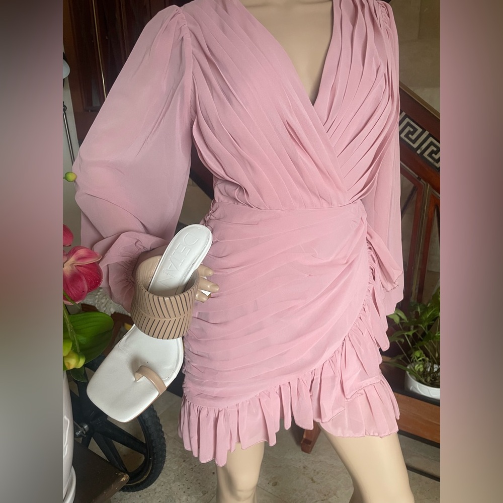 Showpo Pink Ruched Wrap Dress with Bishop Sleeves